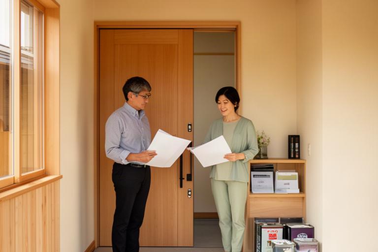 竣工した木の住まいの玄関で引き渡し資料を確認する様子