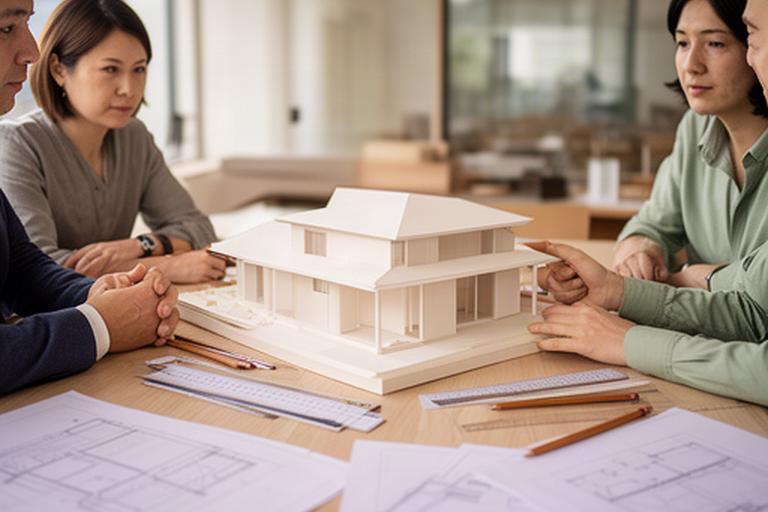 静岡県袋井市の住宅模型と設計図を囲んで相談する建築設計の様子